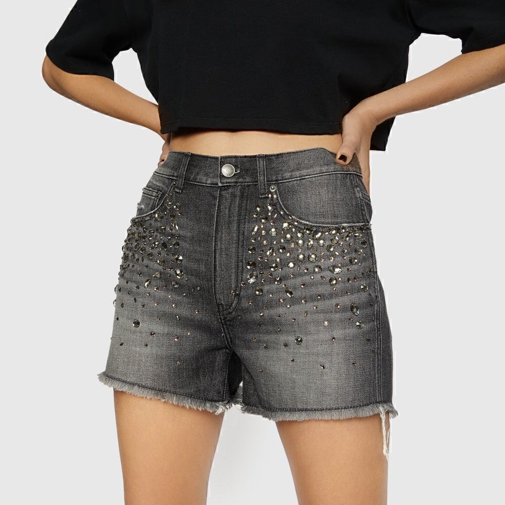 NWT Rebecca Minkoff Jean Denim Black Shorts Crystal Embellished Size 26